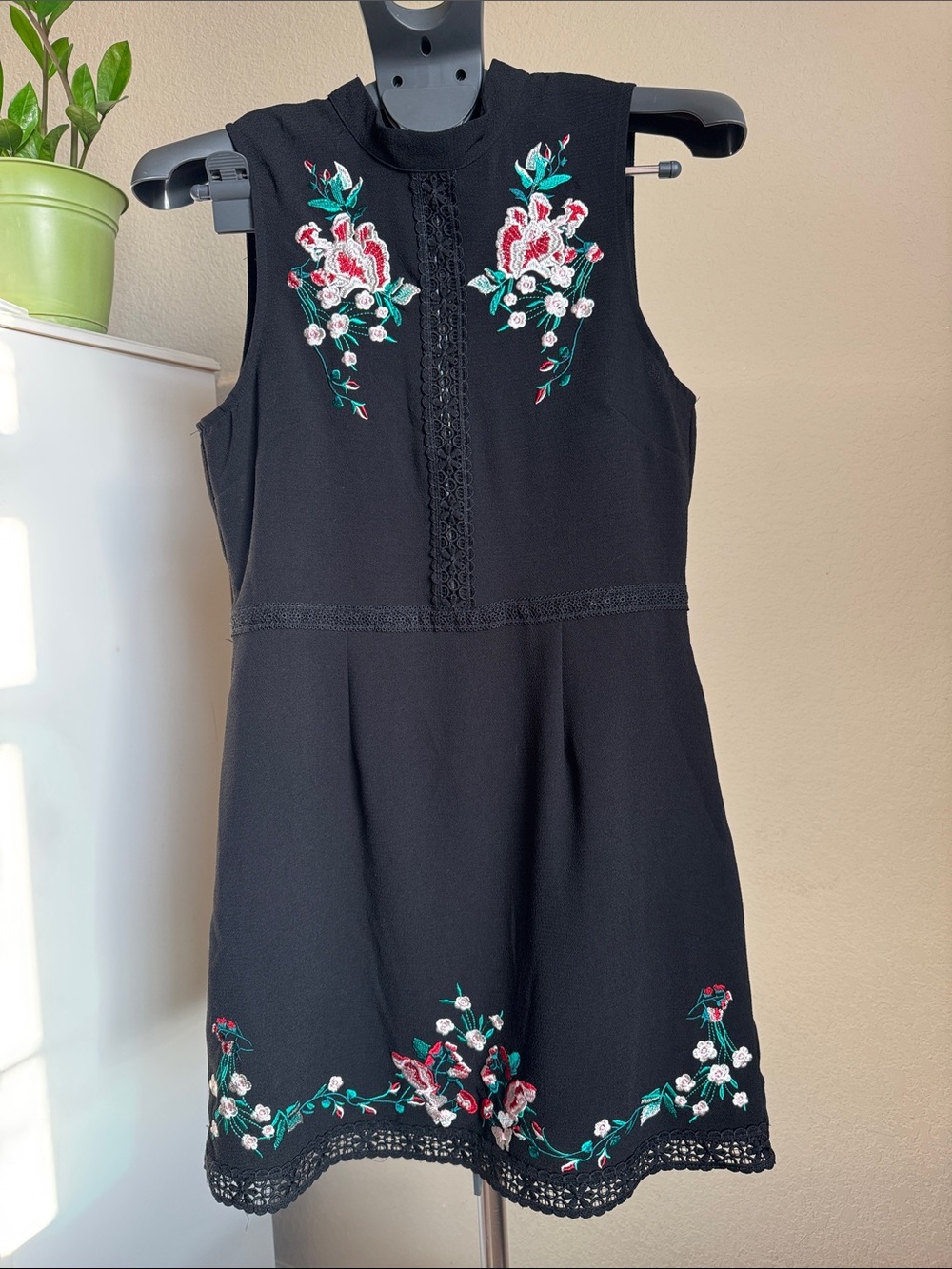 Romeo & Juliet Couture Black Mini Dress with Pink & Green Floral Embroidery